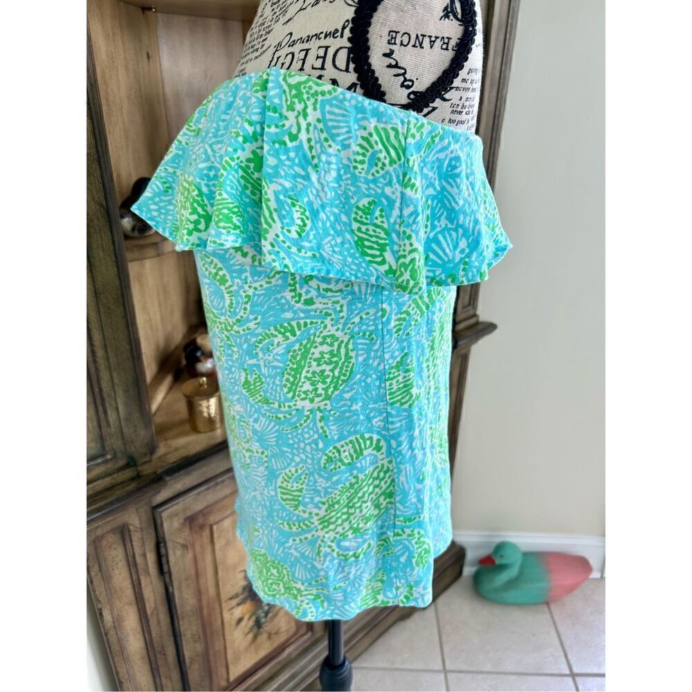 Lilly Pulitzer Strapless Tee Shirt XS 32 Bust Blue Green Coconut Girl Knit Top - Picture 4 of 7
